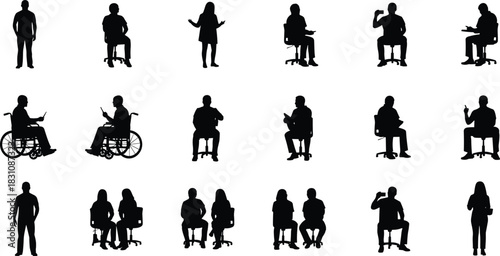 Seated standing human silhouette grid, wheelchair inclusive poses, gesture interaction reference, cad drawing flat vector illustration