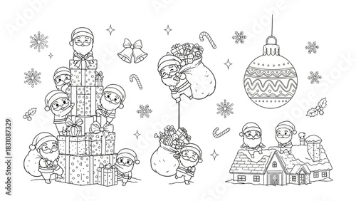 Holiday Wonderland: A festive illustration showcasing a collection of joyful elements, including Santa's helpers, gift boxes, snowflake, candy cane, ornament.