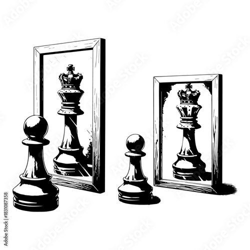 rawing and conceptual illustration of white chess pawn reflecting in mirror as black king. Metaphor of confidence.