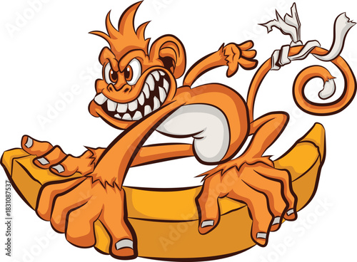 Monkey Playing Banana Slide cartoon animal vector illustration cute mammal funny character fun smile zoo happy pet drawing art