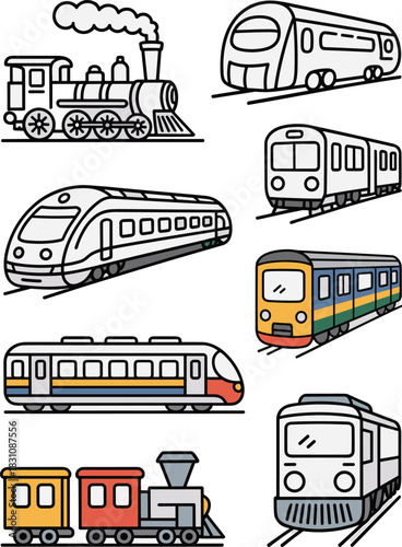 A diverse collection of railway vehicles and trains illustrated in a simple cartoon style, featuring classic steam engines, modern high-speed electric locomotives, passenger commuter cars, and urban m