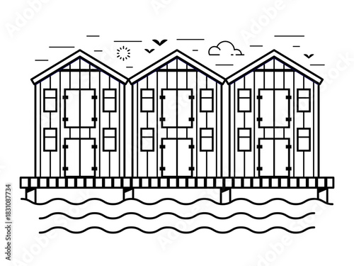 Surfing Beach Huts Seaside Icon in Line Art