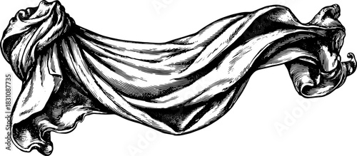 Vintage fabric drape illustration in black line drawing style. A detailed vector illustration showcasing elegant textile flow and texture.