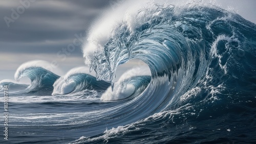 Fototapeta Naklejka Na Ścianę i Meble -  Powerful ocean wave crashing with foamy white crest under a cloudy sky