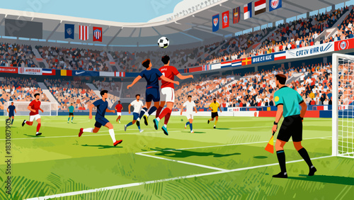 This vibrant illustration shows a soccer match in a crowded stadium: players in jerseys race for the ball on the grass pitch, with a scoreboard and cheering fans in the background.