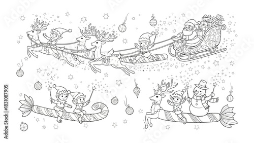 Christmas illustration: Santa Claus on Sleigh, Elves, and Reindeer in a festive holiday scene, embodying joy and enchantment.
