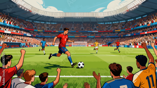 This vibrant illustration shows a soccer match in a crowded stadium: players in jerseys race for the ball on the grass pitch, with a scoreboard and cheering fans in the background.