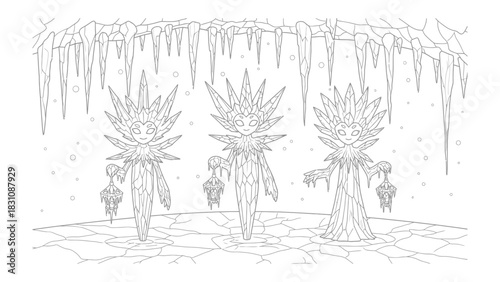 Frozen Figures of Fantasy: Three mystical ice entities stand amidst a frozen landscape, holding lanterns that illuminate a world of enchantment and wonder.