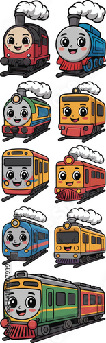 Adorable bundle of stylized cartoon trains and cheerful locomotives, a vibrant vector illustration set featuring vintage steam engines and modern passenger rail vehicles with kawaii smiling faces for