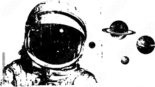 Astronaut in vintage style with planets including Saturn. Black and white vector illustration for outer space exploration set.