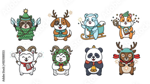 Festive Animal Collection: An adorable set of cartoon animals, each adorned in holiday attire and celebrating the festive season with joy. 