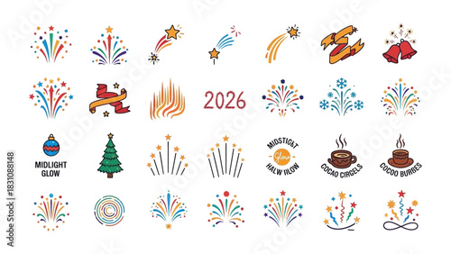 2026 Celebration Icons: A vibrant collection of celebratory icons, symbols, and graphics representing a variety of festive occasions and celebrations. The graphics are designed with a clean.