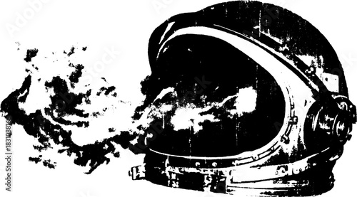 Astronaut helmet in vintage style. Monochrome vector illustration showcasing technology and exploration in space.