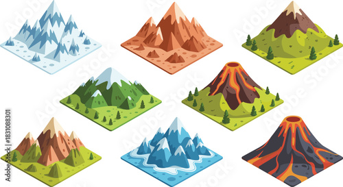 A detailed collection of diverse isometric mountain and volcano landscapes, including cold snowy peaks, lush tropical green hills, arid desert terrain, and dramatic active lava eruptions, perfect for