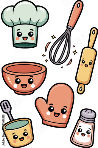 Cheerful kawaii kitchen tools and baking utensils vector illustration set featuring a happy chef hat, whisk, rolling pin, oven mitt, salt shaker, and mixing bowl graphic asset perfect for kids cooking