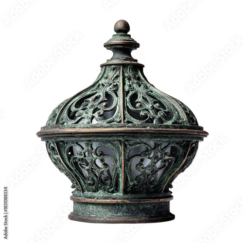 Ornate antique bronze urn with lid isolated on transparent background