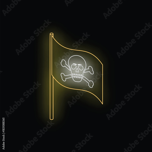 Golden neon pirate flag waving in the wind on black background