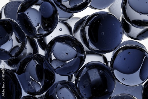 Reflective dark blue abstract spheres with smooth surfaces and light highlights, ideal for tech branding, modern digital interfaces, and elegant futuristic background visuals