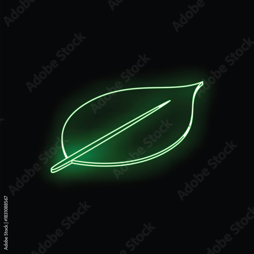 Green neon light shape featuring a leaf glowing on a black background