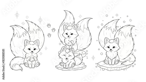 Cuteness Trio: A charming hand-drawn illustration featuring three adorable foxes with fluffy tails, capturing the innocence of childhood and imagination