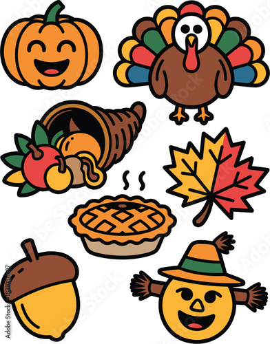 Colorful Thanksgiving and Harvest Season Sticker Set featuring cute vector cartoon icons including a happy turkey, cheerful pumpkin, steaming dessert pie, full cornucopia, fall maple leaf, and scarecr