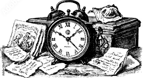 Vintage clock with antique notes and papers arranged on a desk. Detailed vector illustration showcasing classic elements in black and white.