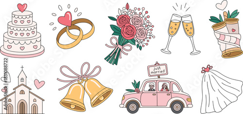 Aesthetic set of cute pastel wedding and marriage celebration icons, including three-tiered cake, sparkling gold rings, beautiful bouquet of pink roses, champagne toast flutes, traditional church, vin