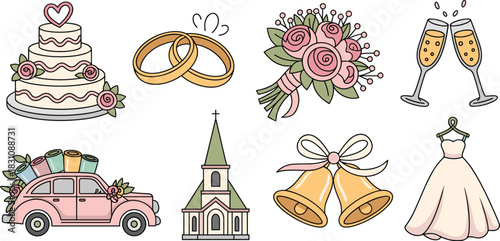 This beautiful set of cute vector wedding icons features essential celebration symbols like golden rings, traditional tiered cake, romantic bridal bouquet, elegant gown, church chapel, bells, decorate