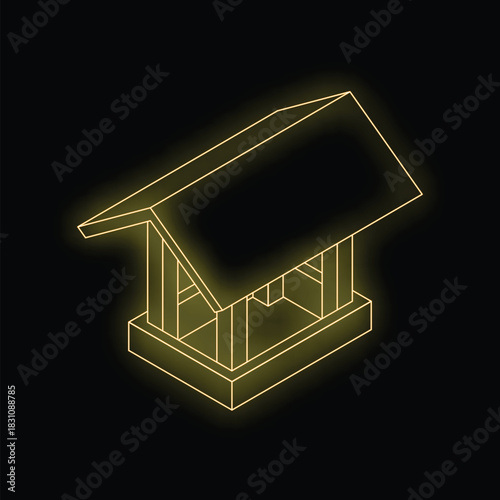 Neon yellow birdhouse glowing on a black background, viewed isometrically