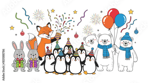 Festive Animal Celebration: An illustration of a group of joyful animals celebrating a special event, showcasing the delight and merriment of a festive gathering.