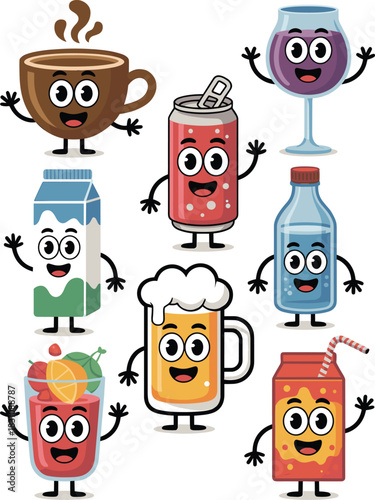 An adorable, diverse collection of cheerful anthropomorphic beverage characters—hot coffee, soft drink, wine glass, water bottle, milk carton, foamy beer, smoothie, and juice box—standing happily, fea