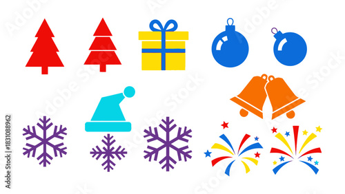 Festive Holiday Elements: A collection of vibrant holiday elements including Christmas trees, gift, ornament, bell, hat, and snowflake create a joyous design.