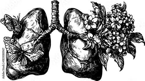 Black and white outline illustration of lungs with flowers and a butterfly. Vintage vector drawing set depicting anatomy and nature.
