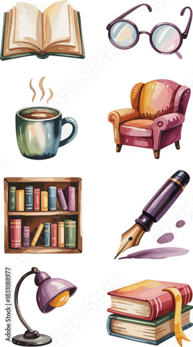 Cozy watercolor illustration set featuring essential reading and writing tools: open book, steaming coffee mug, comfy armchair, stylish glasses, vintage fountain pen, desk lamp, and stacked bookshelf,