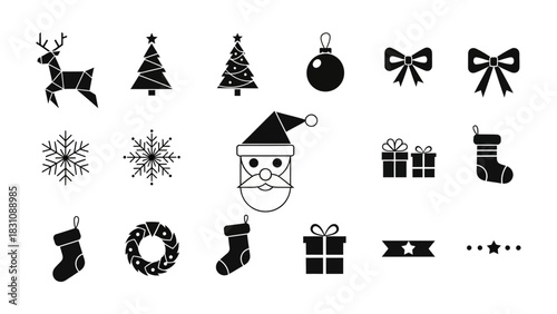 Festive Christmas Icons: A collection of meticulously crafted Christmas icons, perfect for spreading holiday cheer, including reindeer, Christmas trees, ornaments, bows, snowflakes, Santa Claus.