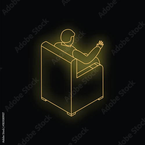 Neon yellow outline of businessman sitting on armchair and gesturing with hand on black background