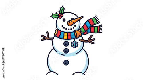 Whimsical Snowman: A jovial snowman, adorned with a vibrant scarf, a carrot nose, and a festive sprig of holly, embodies the enchanting spirit of the winter season and holiday joy.