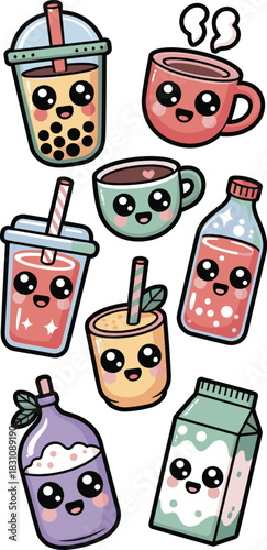 Colorful cute kawaii cartoon collection of happy smiling food and beverage characters and mascots including sweet bubble tea, coffee mug, iced juice cup, milk carton, and purple smoothie bottle for pl