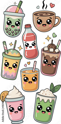 A comprehensive collection of vibrant kawaii cute cartoon sticker illustrations showcasing diverse happy smiling dessert beverages: boba tea, iced matcha, hot coffee, cold smoothies, juice, soda, and
