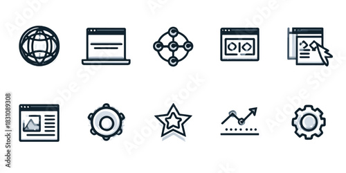 Collection of digital technology and internet service icons representing online business and web development concepts