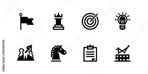 Collection of strategy and business icons representing goals planning and teamwork in a clean design