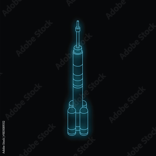Stylized neon blue rocket ship representing space exploration, innovation, and technological advancement