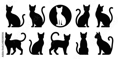 Collection of cat silhouettes in various poses including one inside a black circle