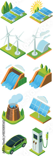 Detailed isometric illustration showcasing diverse clean renewable energy sources like photovoltaic solar panels, powerful wind turbines, hydroelectric dams, and geothermal generation, with essential