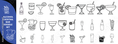 Alcohol cocktail bar doodle set, vector hand drawn beverages party illustration, champagne glasses. Waiter arm with tray, bartender preparing drinks, gin bottle menu line icon. Cocktail big  set .