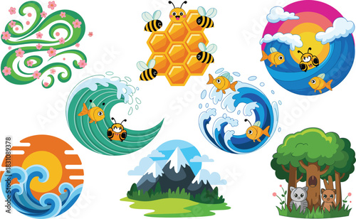 A cheerful vector illustration collection featuring diverse nature elements including buzzing honey bees on a golden honeycomb, cartoon goldfish swimming on blue ocean waves, lush forest animals, wind