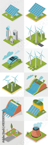 Comprehensive isometric illustration set depicting global renewable and clean energy solutions: solar photovoltaic panels, wind power generation, green hydroelectric dams, geothermal plants, and EV ch