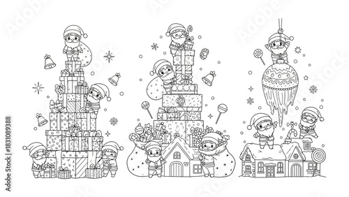 Santa's Festive Presents: Charming illustrations of festive elves and Santa Claus preparing and delivering an array of beautifully wrapped gifts.