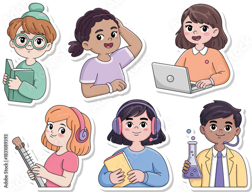 Collection of diverse multiracial students and happy young people pursuing education, technology, science, literature, and creative hobbies, perfect for academic websites, remote learning presentation