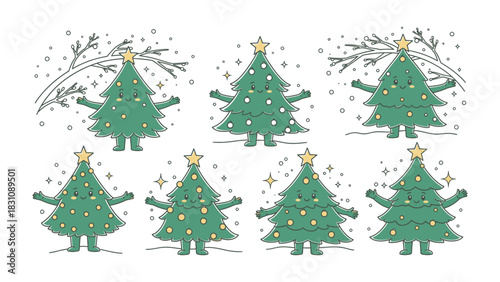 Animated Christmas Trees: A collection of charming cartoon Christmas trees, each adorned with twinkling lights and a cheerful star, set against a delicate snowy backdrop.